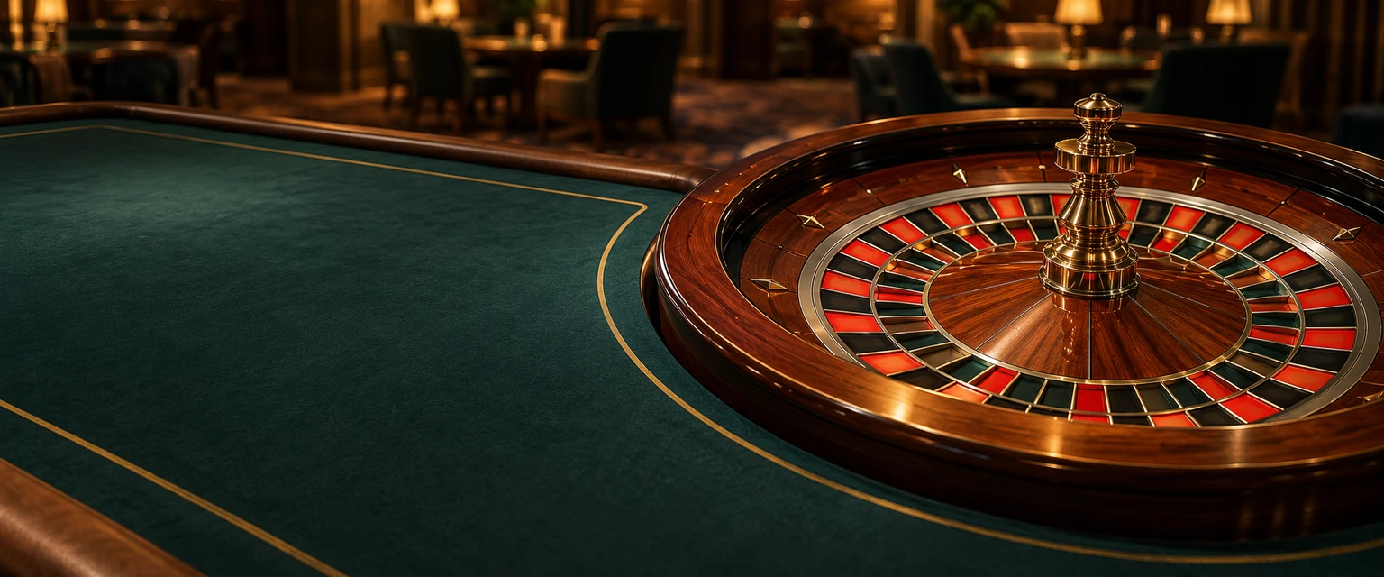 Ruleta de madera y latón junto a una mesa de paño verde